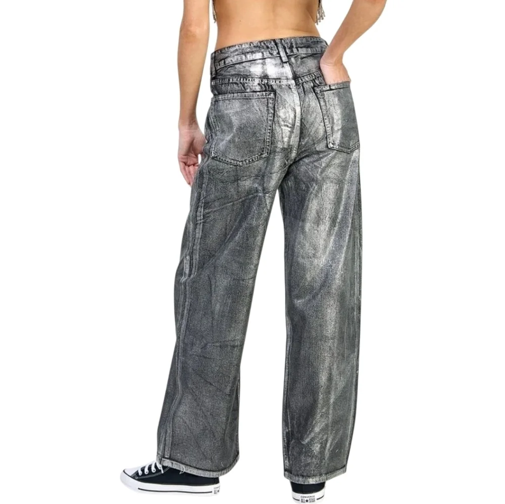 Miss Love The Metallic Jean Denim Wide Leg Pants Black Silver size Large